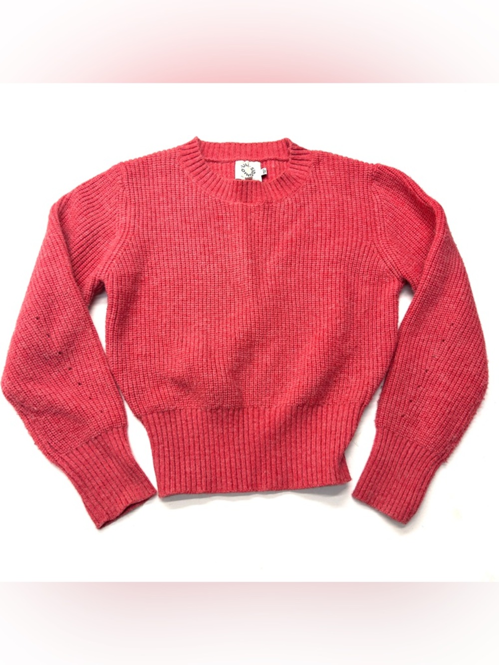 Lili Sidonio Cropped Ribbed Crewneck Sweater in Coral Pink Red Molly Bracken